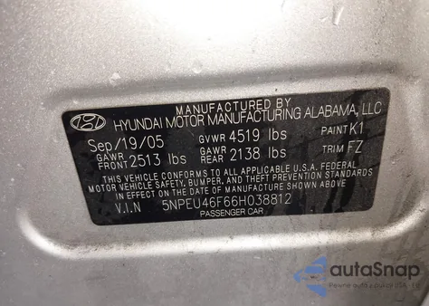 2006 Hyundai Sonata Gls V6/Lx V6 from USA, damaged, VIN 5NPEU46F66H038812